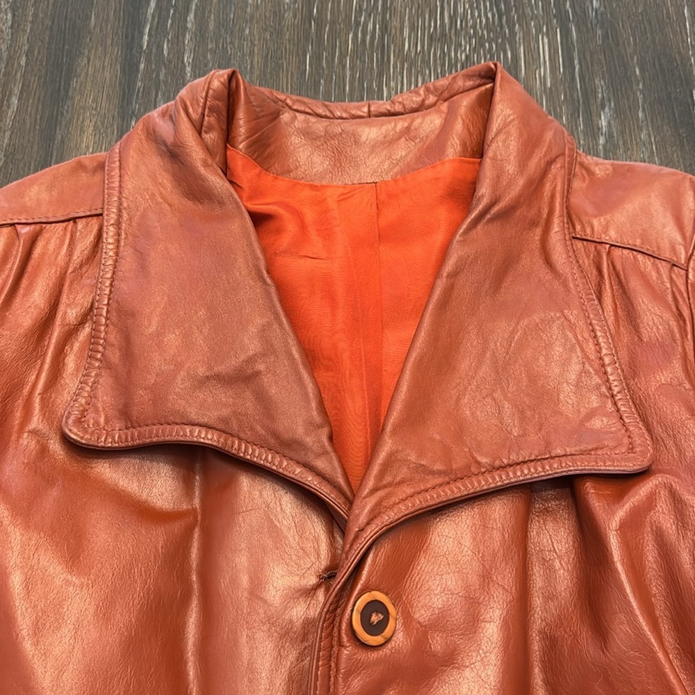 🟢 Vintage 1980s/1990s Rust Orange Belted 100% Leather Jacket - Picture 5 of 9